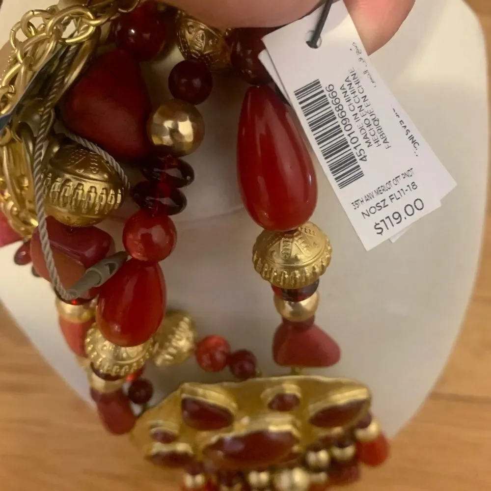 Chicos 35th anniversary beaded long red gold statement necklace